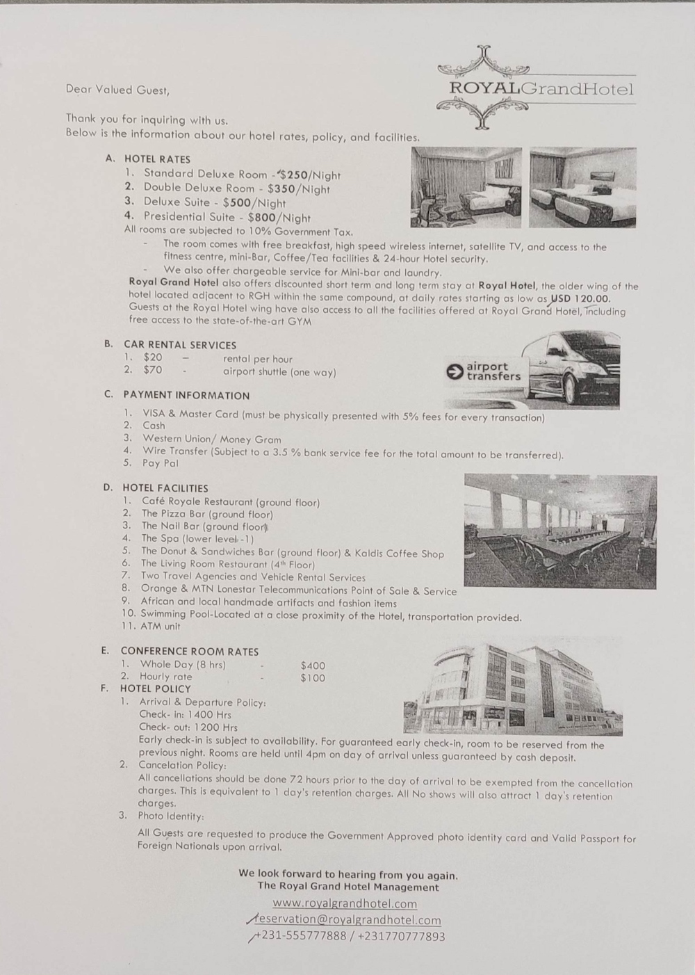 TheRoyalGrandHotel皇家大酒店房间价目表